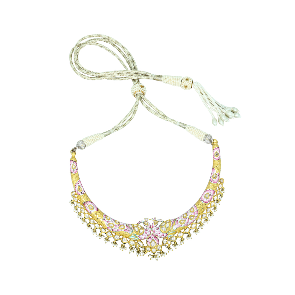 Hasli Necklace with Pink Enamel and Polki Pearls